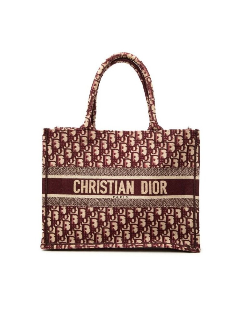 Dior Oblique Embroidered Book Tote Shoulder Bag Wine Red Beige Canvas